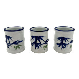 Vintage Lot 3 Japanese Tea Sake Cup Blue Tree Branches White Porcelain 2.75"